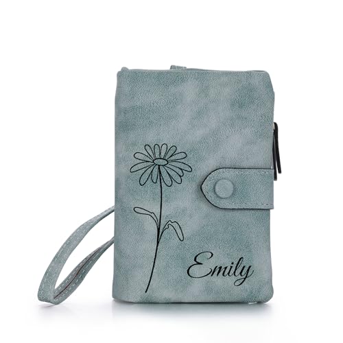 OTXIXTO Personalisierte Ledergeldbörsen für Damen Graviert Name Geburtsblume Ledergeldbörse mit Reißverschluss Münzgeldbörse mit Handschlaufe Damengeldbörse für Freundin Ehefrau Muttertag - Blau-grün von OTXIXTO