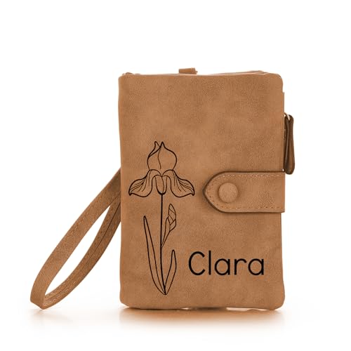 OTXIXTO Personalisierte Ledergeldbörsen für Damen Graviert Name Geburtsblume Ledergeldbörse mit Reißverschluss Münzgeldbörse mit Handschlaufe Damengeldbörse für Freundin Ehefrau Muttertag - Braun von OTXIXTO