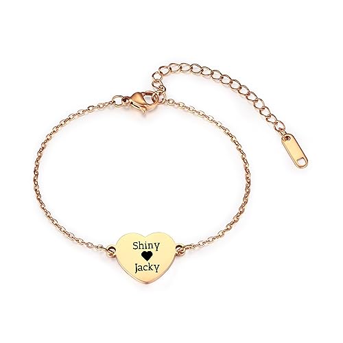 OTXIXTO Personalisierte Münze Armbänder Eingraviert Name mit Geburtsstein Verstellbare Kette Edelstahl Runde Herz Disc Zierlich Charme Schmuck Geschenke für Damen (Rosa Gold Herz) von OTXIXTO