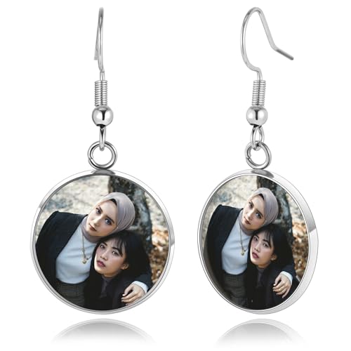OTXIXTO Personalisierte Ohrringe für Damen mit Bild Runde Ohrstecker Herz-/Tropfen-Ohrhänger Individuelle Foto-Ohrringe aus Edelstahl Gedenkschmuck Geschenke zum Muttertag - A1 von OTXIXTO