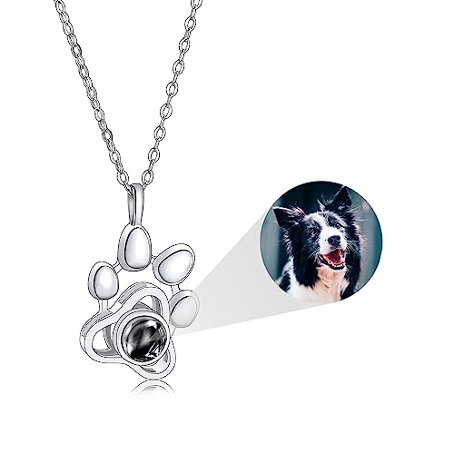 OTXIXTO Personalisierte Projektion Halskette mit Bild im Inneren Sterling Silber Paw Print Haustier Katze Hund Memorial Geschenke für Frauen Weiblich Freund (Silber, Farbfoto) von OTXIXTO