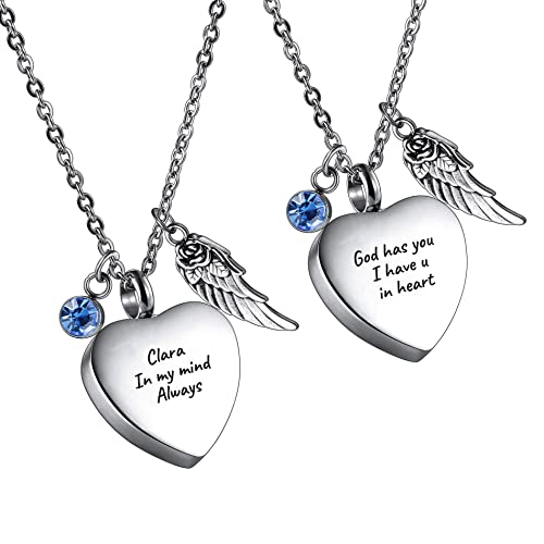OTXIXTO Personalisierte Urnen Halskette mit Herz Edelstahl Anhänger Gravur Name Individuelles Geschenk für Männer Frauen Haustier mit Engelsflügeln Geburtssteinen Einäscherungs Trichter Set Silber von OTXIXTO