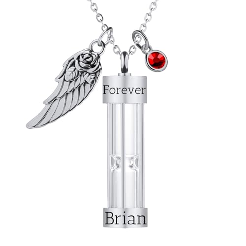 OTXIXTO Personalisierte Zeitlose Sanduhr Asche Halskette mit Gravur Text/Engels Flügel/Geburtsstein Denkmal Einäscherung Urne Schmuck Andenken für Männer/Frauen/Haustier Asche (A2: Silber) von OTXIXTO