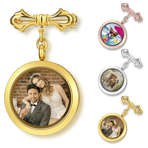 OTXIXTO Personalisierter Brautstrauß Fotoanhänger Individuelles Doppelseitiges Foto Rundes Glasbild Medaillon Brosche Hochzeitsgeschenk für Braut und Bräutigam - Gold von OTXIXTO