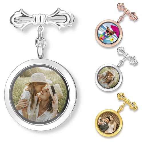 OTXIXTO Personalisierter Brautstrauß Fotoanhänger Individuelles Doppelseitiges Foto Rundes Glasbild Medaillon Brosche Hochzeitsgeschenk für Braut und Bräutigam - Silber von OTXIXTO