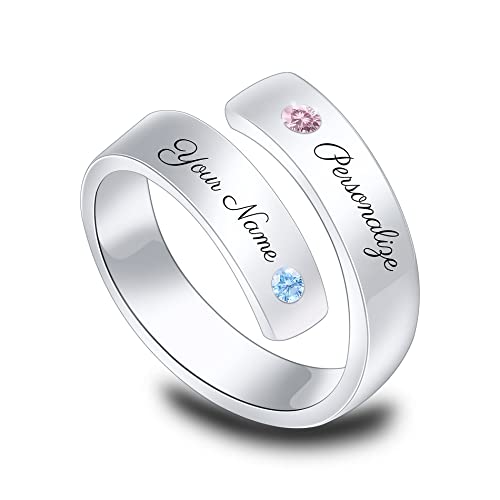 OTXIXTO Personalisierter Einstellbar Ring aus 925er Sterling Silber, Name/Datum Eingraviert, Angepasst Geburtsstein für Frauen, Freunde, Hochzeit, Stapelband, Verstellbarer Verlobungsring von OTXIXTO