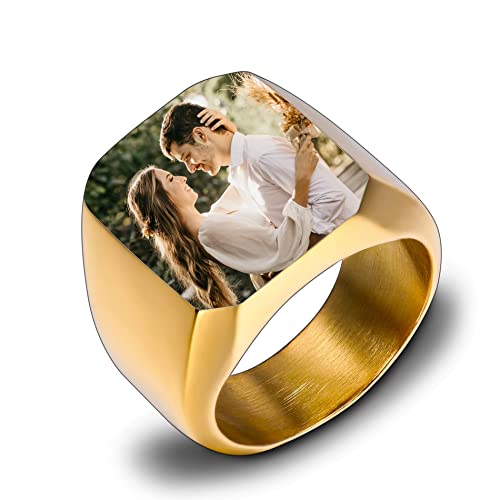 OTXIXTO Personalisierter Siegelring, Edelstahl Schmuck, Farbbild Gravur für Männer, Frauen, Erinnerungsstück, Beste Freundin Geschenke, Klobiges Band mit Ringgrößen Verstellter (Gold, Größe 70) von OTXIXTO