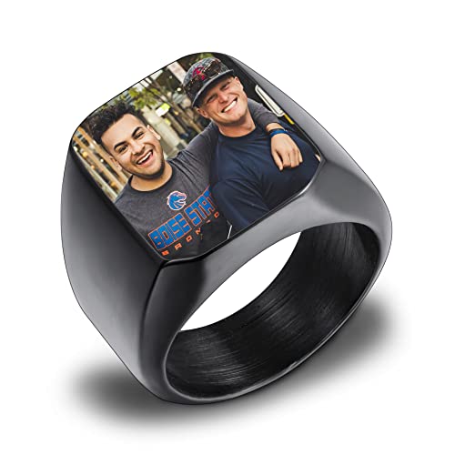 OTXIXTO Personalisierter Siegelring, Edelstahl Schmuck, Farbbild Gravur für Männer, Frauen, Erinnerungsstück, Beste Freundin Geschenke, Klobiges Band mit Ringgrößen Verstellter (Schwarz, Größe 70) von OTXIXTO