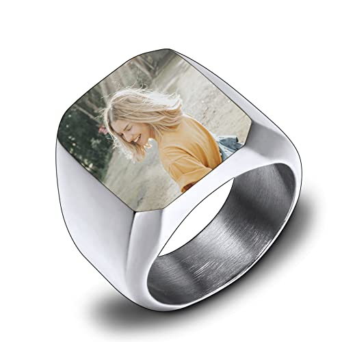 OTXIXTO Personalisierter Siegelring, Edelstahl Schmuck, Farbbild Gravur für Männer, Frauen, Erinnerungsstück, Beste Freundin Geschenke, Klobiges Band mit Ringgrößen Verstellter (Silber, Größe 70) von OTXIXTO