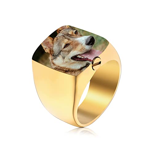 OTXIXTO Personalisierter Urnen Siegelring für Frauen, Männer, Gravur Foto/Text, Edelstahl, Haustier Erinnerung Geschenk Schmuck Andenken, Asche Halter, mit Ringgröße Einsteller (Gold, Größe 65) von OTXIXTO