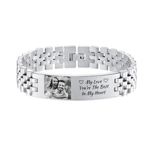 OTXIXTO Personalisiertes Armband für Herren mit Eingraviertem Bild/Text Verstellbares Edelstahl Gliederarmband für Männer Papa Geschenke für Vater Ehemann Opa Sohn Freund Vatertag Geburtstag (Stil B3) von OTXIXTO