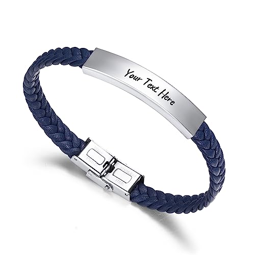 OTXIXTO Personalisiertes Leder Armband Graviert Nemen Datum ID Edelstahl Einstellbar Geflochten Stil Jahrestag Freundschaft Geschenk für Männer Vater Bester Freund (Blau) von OTXIXTO