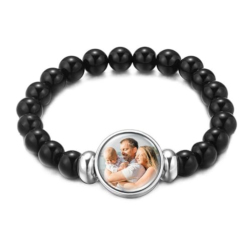 OTXIXTO Personalisiertes Naturstein-Armband für Damen Herren 8mm Perlen Stretch-Armband Individuelle Naturkristall-Armband mit Bild Verstellbare Perlenarmband Chakra-Armbänder (B: Schwarzer Stein) von OTXIXTO