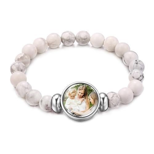 OTXIXTO Personalisiertes Naturstein-Armband für Damen Herren 8mm Runde Perlen Stretch-Armband Individuelle Naturkristall-Armband mit Bild Verstellbare Perlenarmband Chakra-Armbänder (B: Weißer Stein) von OTXIXTO