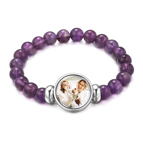 OTXIXTO Personalisiertes Naturstein-Armband für Damen Herren 8mm Runde Perlen Stretch-Armband Individuelle Naturkristall-Armband mit Bild Verstellbare Perlenarmband Chakra-Armbänder (B: Lila Stein) von OTXIXTO