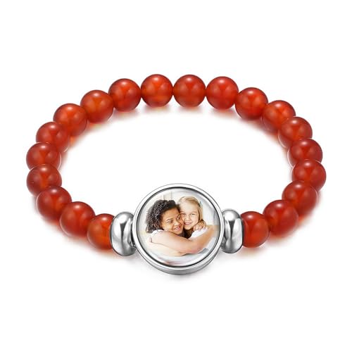 OTXIXTO Personalisiertes Naturstein-Armband für Damen Herren 8mm Runde Perlen Stretch-Armband Individuelle Naturkristall-Armband mit Bild Verstellbare Perlenarmband Chakra-Armbänder (B: Roter Stein) von OTXIXTO