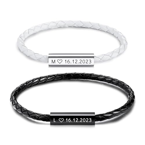 OTXIXTO Personalisiertes Partnerarmbänder mit Gravur Namen Symbole Pärchen Armband mit Paar Herz mit Gegenseitiger Anziehung Lederarmband für Damen Männer Ein Geschenk für Ihre Liebsten - A1 von OTXIXTO