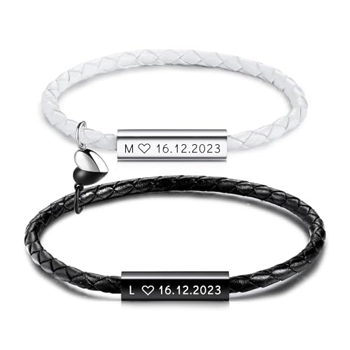 OTXIXTO Personalisiertes Partnerarmbänder mit Gravur Namen Symbole Pärchen Armband mit Paar Herz mit Gegenseitiger Anziehung Lederarmband für Damen Männer Ein Geschenk für Ihre Liebsten - A2 von OTXIXTO