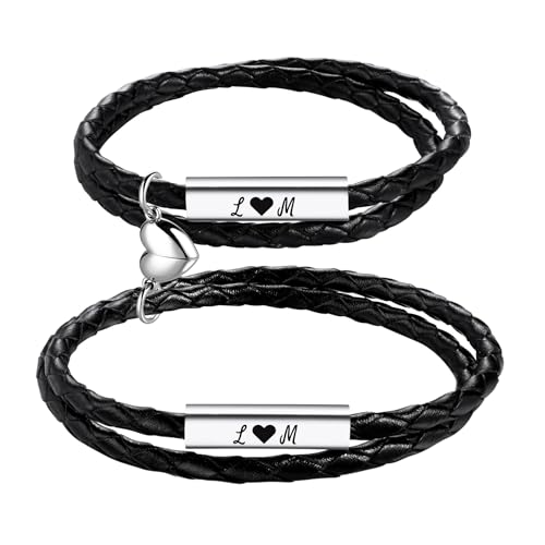 OTXIXTO Personalisiertes Partnerarmbänder mit Gravur Namen Symbole Pärchen Armband mit Paar Herz mit Gegenseitiger Anziehung Lederarmband für Damen Männer Ein Geschenk für Ihre Liebsten - B2 von OTXIXTO