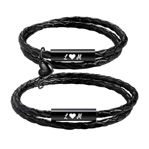 OTXIXTO Personalisiertes Partnerarmbänder mit Gravur Namen Symbole Pärchen Armband mit Paar Herz mit Gegenseitiger Anziehung Lederarmband für Damen Männer Ein Geschenk für Ihre Liebsten - B3 von OTXIXTO