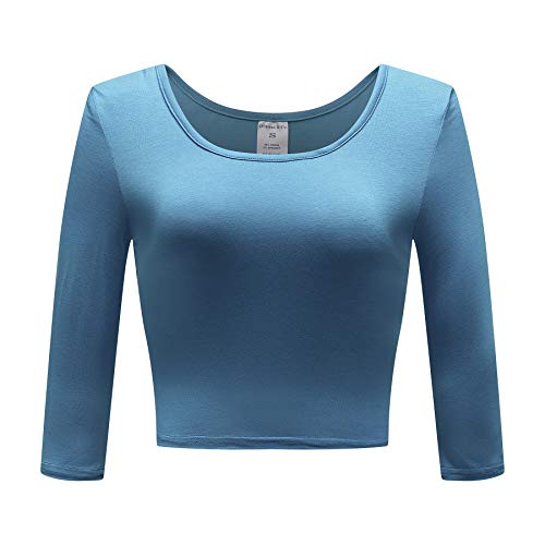 OThread & Co. Damen Crop Tops Basic Stretch U-Ausschnitt 3/4 Arm T-Shirt - Blau - Groß von OThread & Co.