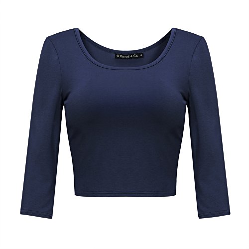 OThread & Co. Damen Crop Tops Basic Stretch U-Ausschnitt 3/4 Arm T-Shirt - Blau - Groß von OThread & Co.