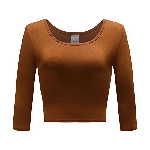 OThread & Co. Damen Crop Tops Basic Stretch U-Ausschnitt 3/4 Arm T-Shirt - Braun - Mittel von OThread & Co.