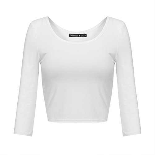 OThread & Co. Damen Crop Tops Basic Stretch U-Ausschnitt 3/4 Arm T-Shirt - Wei� - Groß von OThread & Co.