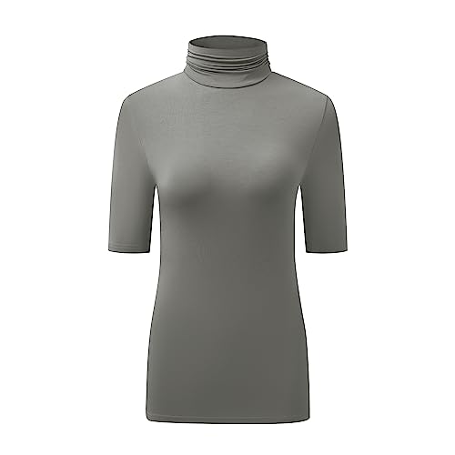 OThread & Co. Damen Halbarm Rollkragen T-Shirt Basic Stretch Layer Comfy High Neck Top, GRAU, Mittel von OThread & Co.