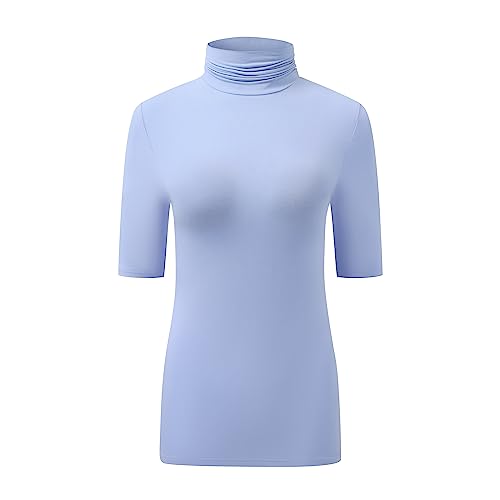 OThread & Co. Damen Halbarm Rollkragen T-Shirt Basic Stretch Layer Comfy High Neck Top, Light Denim Blue, Mittel von OThread & Co.