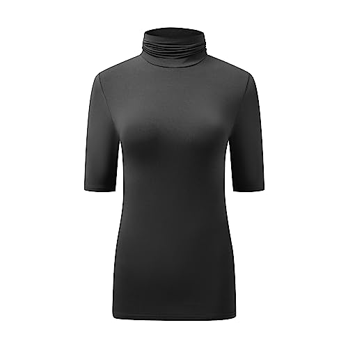 OThread & Co. Damen Halbarm Rollkragen T-Shirt Basic Stretch Layer Comfy High Neck Top, grau dunkel, Klein von OThread & Co.