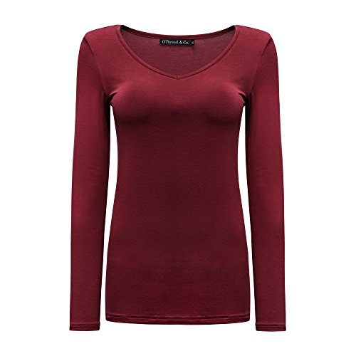 OThread & Co. Damen Langarm T-Shirt V-Ausschnitt Basic Layer Stretchy Shirts, burgunderfarben, Mittel von OThread & Co.