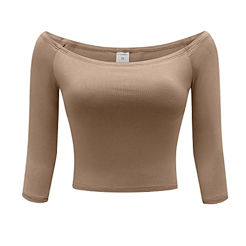 OThread & Co. Damen Schulterfrei 3/4 Arm Crop Top Bequem Basic Stretch Layer Shirt - Braun - Mittel von OThread & Co.