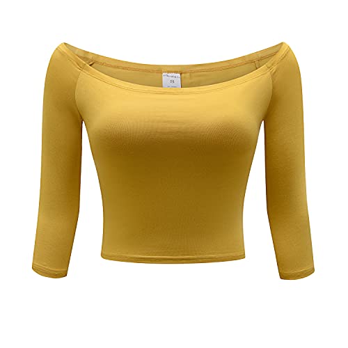 OThread & Co. Damen Schulterfrei 3/4 Arm Crop Top Bequem Basic Stretch Layer Shirt - Gelb - Mittel von OThread & Co.