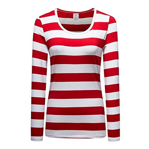 OThread & Co. Langärmeliges gestreiftes T-Shirt mit U-Ausschnitt für Damen, Rot/Weiß, Mittel von OThread & Co.
