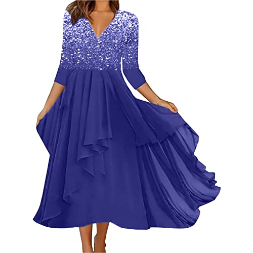 OUAPPA Abendkleider Damen Chiffon Elegant Glitzer Spitze Patchwork Partykleid V-Ausschnitt 3/4 Ärmel Brautjungfernkleider Lange Kleid Festliches Ballkleid Swing Maxikleid Große Größen(A PP2,3XL) von OUAPPA