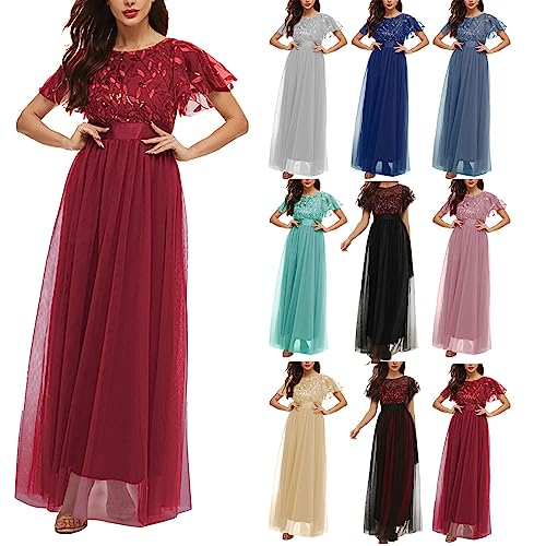 OUAPPA Abendkleider Damen Pailletten Embellished High Waist Bridesmaid Evening Cocktailkleid Große Größe Rundhals Kurze Ärmel Hochzeit Partykleid Ballkleid A Linie Maxikleid(A BU2,4XL) von OUAPPA