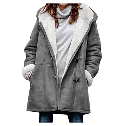 OUAPPA Mantel Damen Winter Plus Size Einfarbig Lang Wollmantel Wolljacke Kapuzenjacke Basic Coat Elegant Knopf Jacke Herbst Winter Casual Lose Outdoorjacke Outwear(A Grau,4XL) von OUAPPA