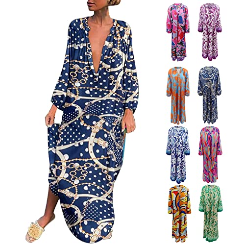 OUAPPA Sommerkleider Damen Boho Blumen Print Freizeitkleid Tief V Ausschnitt Elegant Flowy Strandkleider Partylkleid Lange Retro Casual Lose Langarm Swing Kleid Maxikleid(A YE2,S) von OUAPPA