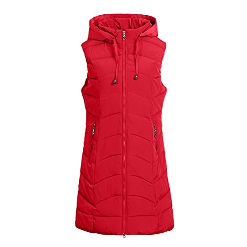 OUAPPA Weste Damen Winter Lang Vest mit Kapuze Weste Mantel Ärmellose Warmer Steppweste Damen Daunenjacke Steppjacke mit Taschen Herbst Winter Outdoor Klettern Reisen(A Rot,XXL) von OUAPPA