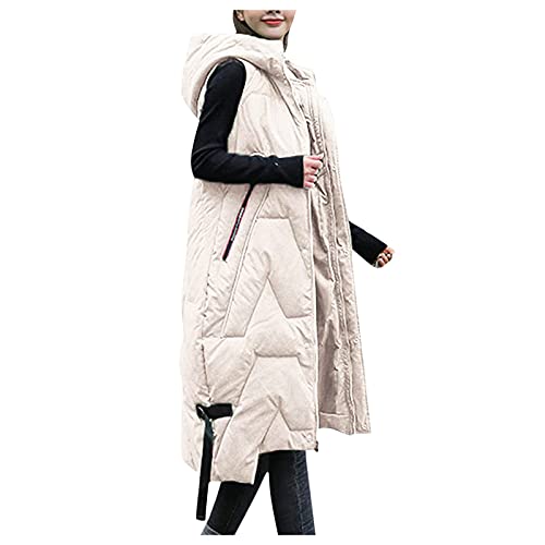 OUAPPA Weste Damen Winter Lang Vest mit Kapuze Weste Mantel Ärmellose Warmer Steppweste Damen Daunenjacke Steppjacke mit Taschen Herbst Winter Outdoor Klettern Reisen(C Beige,XL) von OUAPPA