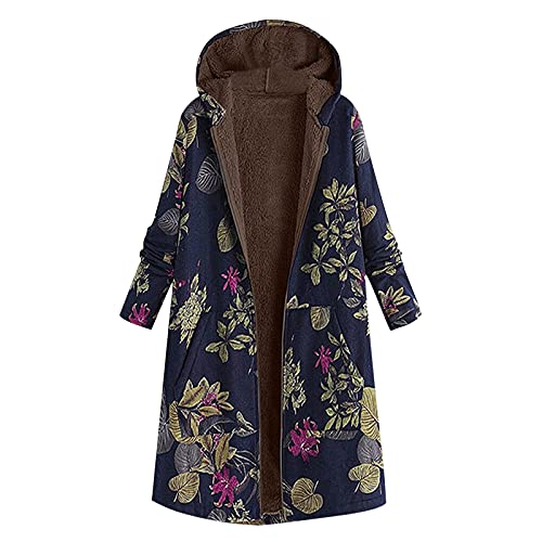 OUAPPA Winterjacke Damen Herbst Winter Oversize Vintage Boho Oberbekleidung Womens Comfortable Warm Outwear Blumendruck Dicke Reißverschluss-Kapuzenjacke Mit Taschen(F Marine,XXL) von OUAPPA