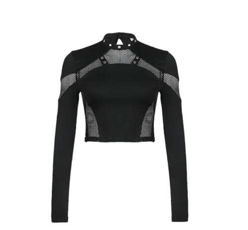 Gothic Schwarz Crop Top Chic Durchsichtiges Mesh Patchwork Volle Ärmel Dünnes Basic T-Shirt Frauen Punk Stil Genähte T-Shirts,schwarz,L von OUBOSI