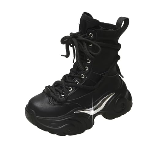 OUBOSI Frauen Stiefeletten Herbst Klobige Schuhe Frau Hohe Plattform Atmungsaktive Turnschuhe 7,5 Cm Dicke Sohle Keile Motorräder Stiefel Winter,Black,38 von OUBOSI