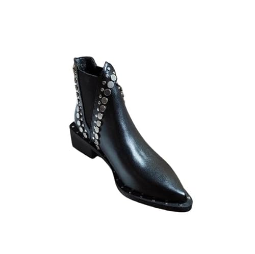 OUBOSI Herbst Neue Nackte Stiefel Spitzen Kopf Kurze Stiefel Frauen Weiden Nieten Mittleren Absatz Biker Stiefel Klobigen Absatz Und Stiefeletten,black,37 von OUBOSI
