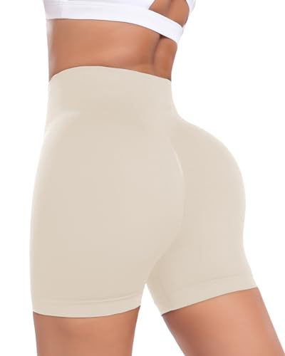 OUDOTA Damen Gym Shorts Booty Scrunch High Wasit Sport Shorts Nahtlose Kurze Leggings Shorts Push Up Fitness Yoga Workout Radlershorts Mandel,XL von OUDOTA