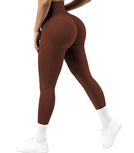 OUDOTA Damen Hohe Taille Sports Leggings Blickdicht Lange Fitnesshose mit Bauchkontrolle Slim Fit Yogahose Frauen Sporthose für zum Sport Freizeit Fitness Braun L von OUDOTA