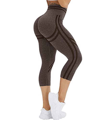 OUDOTA Sporthose Damen 3/4 Kurze Leggings Kurz Radlerhose Shorts Hohe Taille Sport Gym für Capri Leggins Yogahose Blickdicht Laufhose Fitness Workout Radfahren Training Tights Sportleggins Braun S von OUDOTA