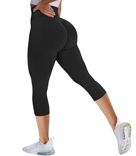 OUDOTA Sporthose Damen 3/4 Kurze Leggings Kurz Radlerhose Shorts Hohe Taille Sport Gym für Capri Leggins Yogahose Blickdicht Laufhose Fitness Workout Radfahren Training Tights Sportleggins Schwarz S von OUDOTA