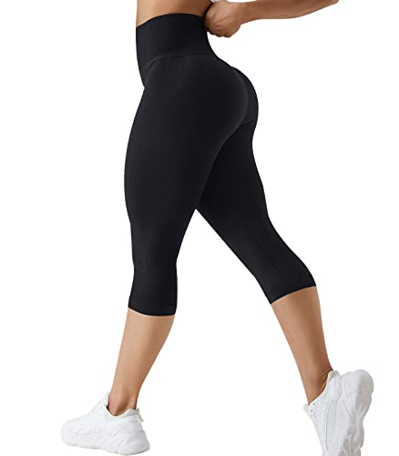 OUDOTA Sporthose Damen 3/4 Kurze Leggings Kurz Radlerhose Shorts Hohe Taille Sport Gym für Capri Leggins Yogahose Blickdicht Laufhose Fitness Workout Radfahren Training Tights Sportleggins Schwarz S von OUDOTA